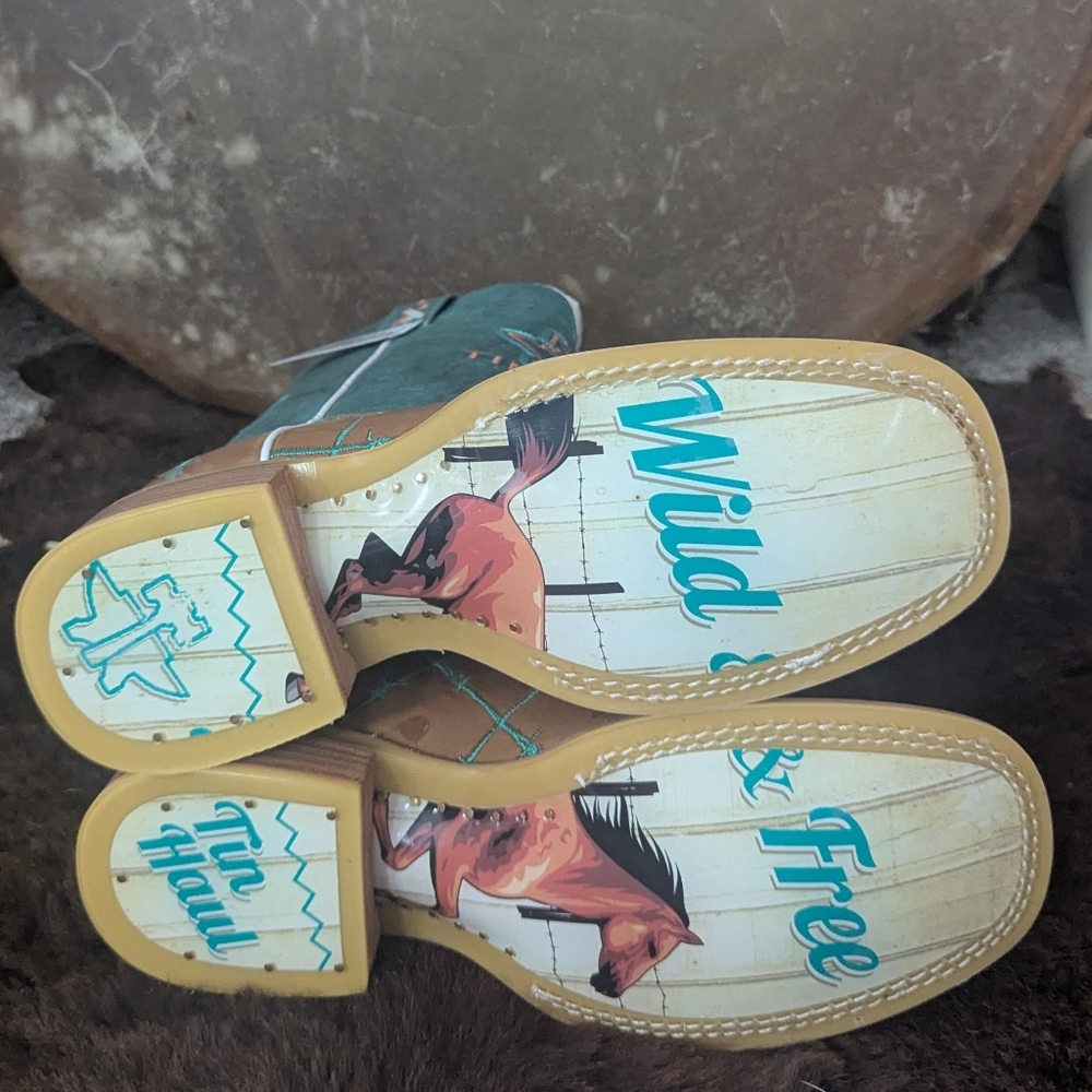 TIN HAUL "Barb'd Wire" turquoise & brown leather square toe cowgirl boots sz 7.5 - Picture 12 of 16